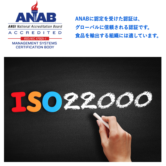 ANAB logo with Japanese text about globally trusted certification; below, a hand writes ‘ISO 22000’ in colorful chalk on a blackboard.