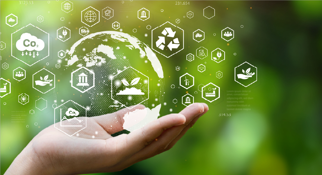 Hand cradling a glowing globe with environmental icons and hexagonal symbols, symbolizing sustainability and green tech.